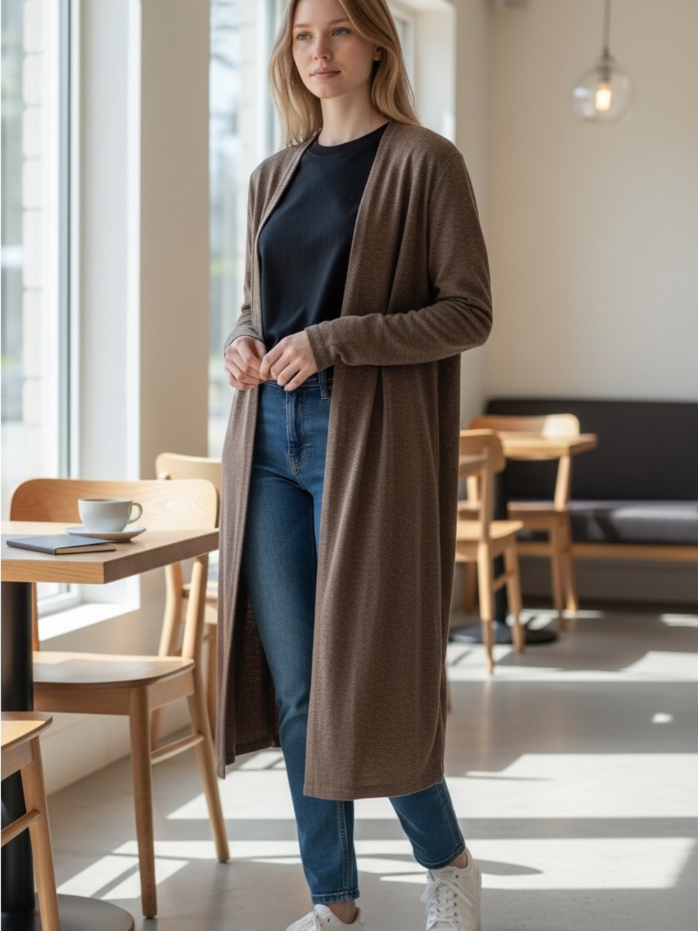 Long Open-Front Brown Women's Cardigan Sweater